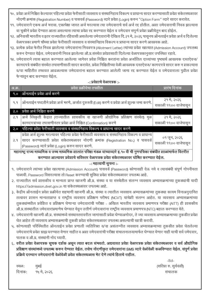ITI Admission Maharashtra Notification 2026
