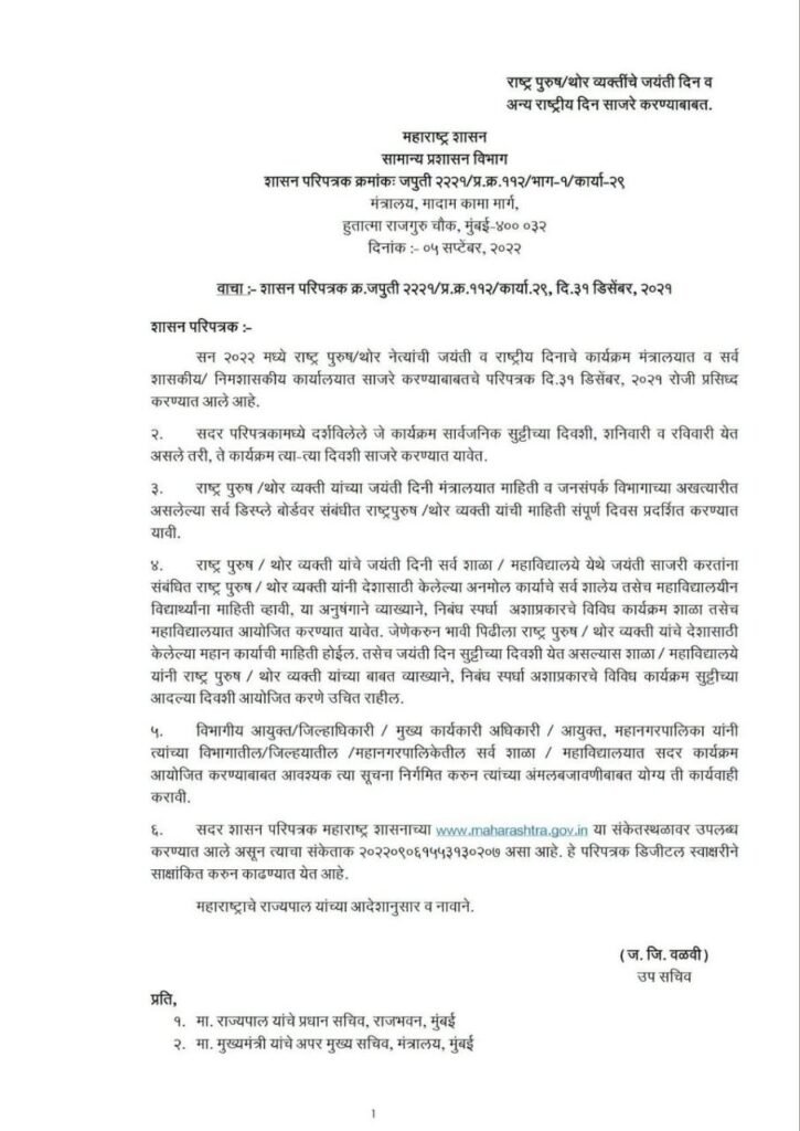 Jayanti Day Holiday GR Maharashtra 